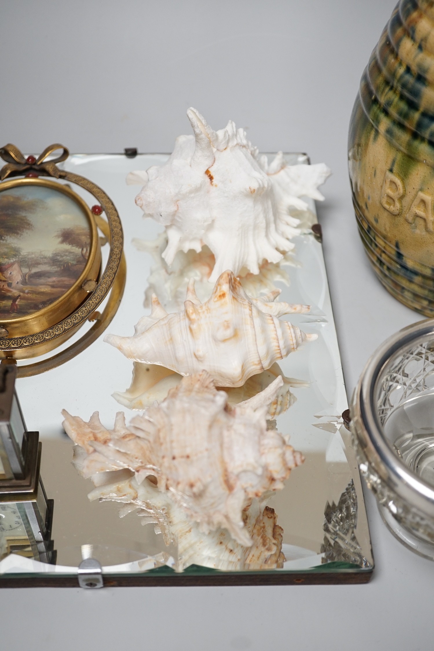 Miscellaneous items including mottled ceramic barley jar, an American miniature timepiece, silver mounted cut glass bowl (9 in total)